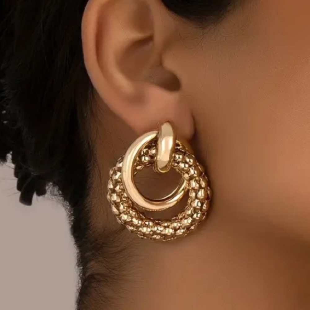 Bold Statement Triple Layer Gold Toned Stud Earrings - Picture 2 of 4